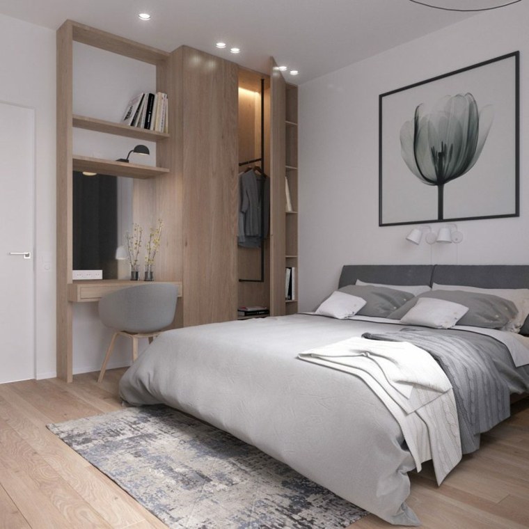design moderne lit chambre à coucher armoire bois tapis de sol parquet
