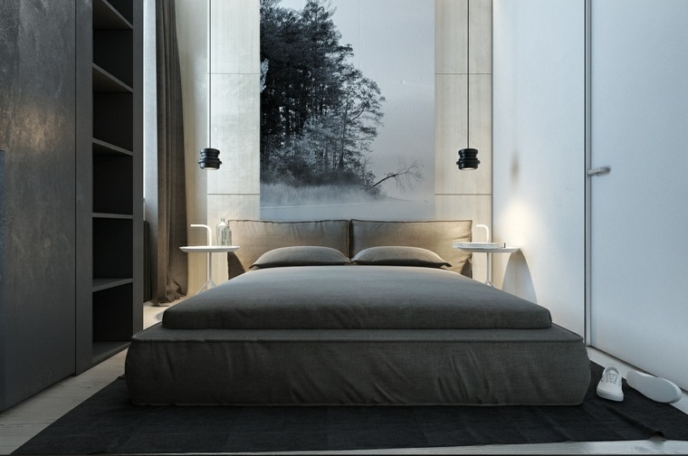 chambres à coucher moderne design lit cadre luminaire suspension tableau noir blanc