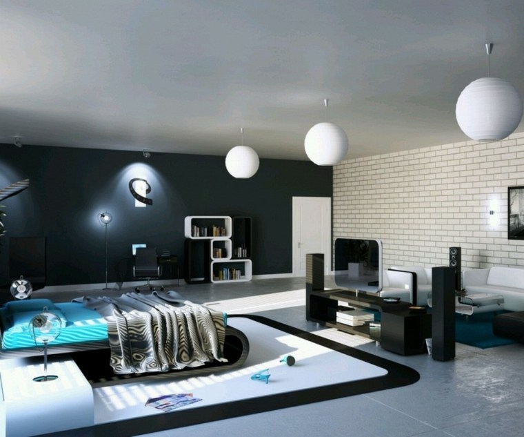 chambre noir blanc design luminaire suspension idée lit cadre