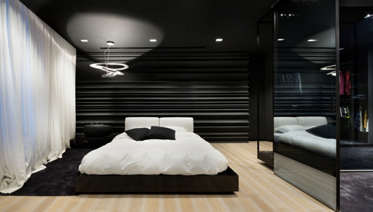lit design chambre moderne idée parquet bois canapé cuir gris