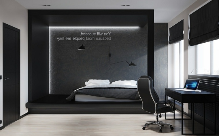 intérieur moderne idée chambre à coucher noire lit cadre tête de lit chaise érgonomique 
