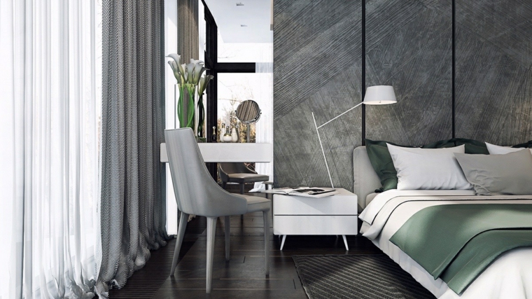 design intérieur chambre à coucher design table nuit fauteuil gris lampe à pied