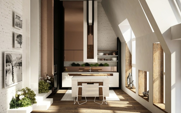 design cuisine moderne intérieur ilot idée style scandinave mur briques