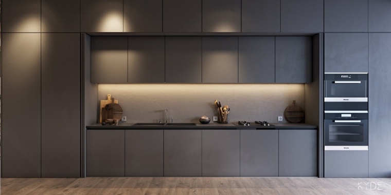 cuisine gris moderne armoire de cuisine idée bois revêtement sol bois