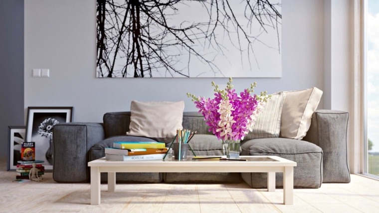 salon canapé gris design décorer espace fleurs idée table basse blanche