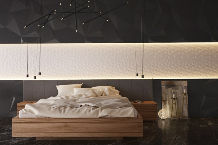 noir et blanc design intérieur idée cadre lit bois luminaire suspension