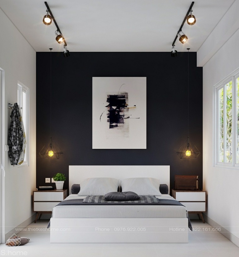 intérieur moderne chambre lit déco mur cadre luminaires plafond