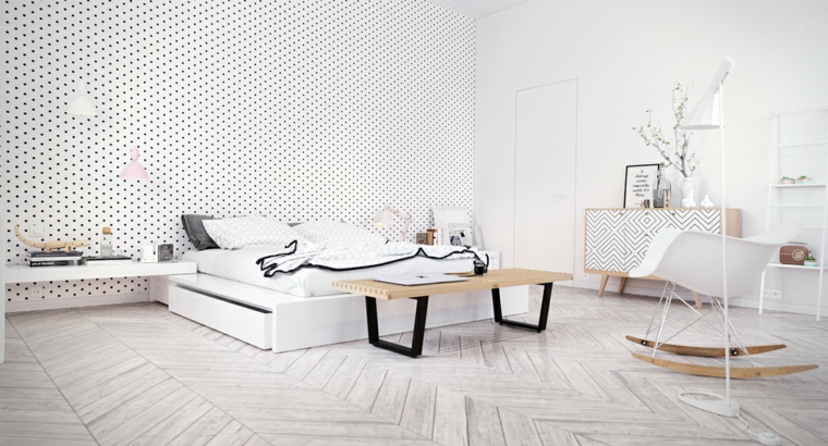 intérieur scandinave moderne idée lit cadre bois mur design parquet chaise