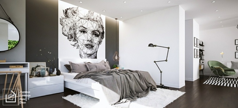 design intérieur moderne tableau idée miroir lit tête de lit luminaire tapis de sol blanc