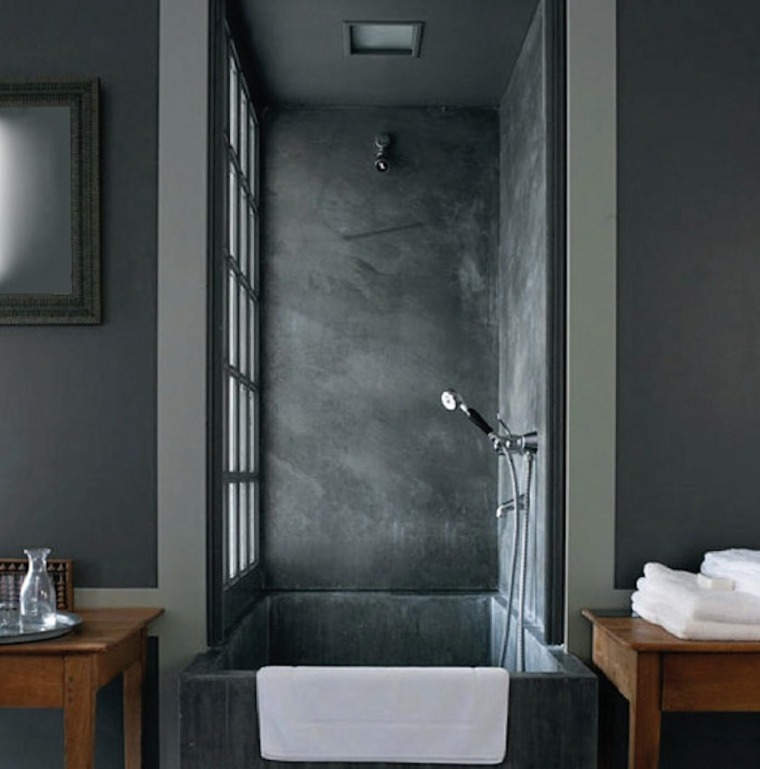 intérieur moderne design idée cabine douche baignoire béton ciré meuble bois