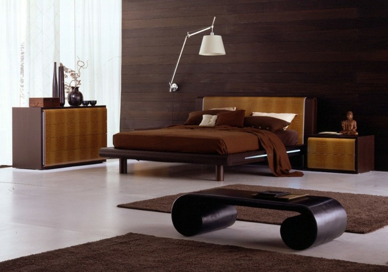 chambre à coucher design lit cadre bois lampe blanche tapis de sol marron