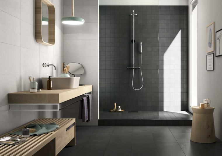 salle de bains design idée cabine douche aménager espace meuble bois comptoir cuisine luminaire