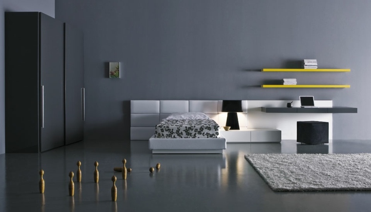 chambre design gris intérieur moderne décorer espace étagères bois