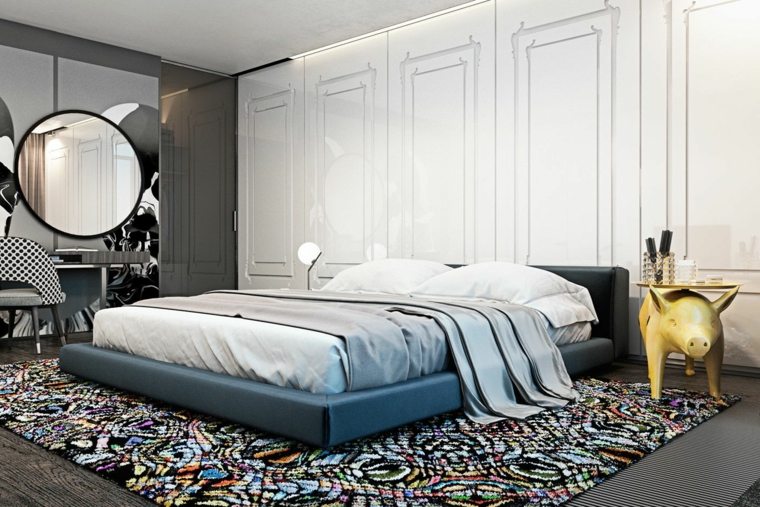 chambre à coucher moderne idée tapis de sol miroir cadre lit design table basse