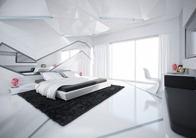 décorer espace chambre à coucher lit tête de lti tapis de sol noir