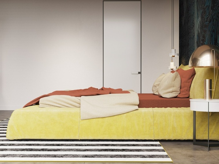 intérieur moderne chambre design lit coussins tête de lit tapis sol rayures