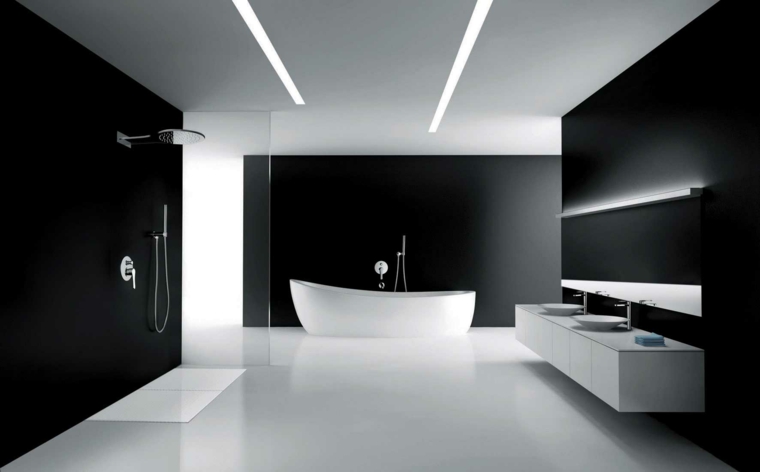 salle de bains design noir blanc baignoire idée cabine de douche italienne ouverte moderne luminaire