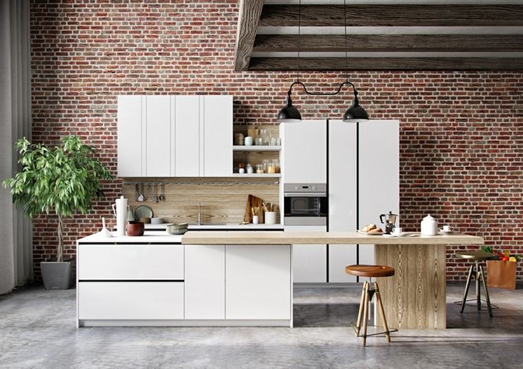modèles de cuisine moderne mobilier design blanc deco brique 