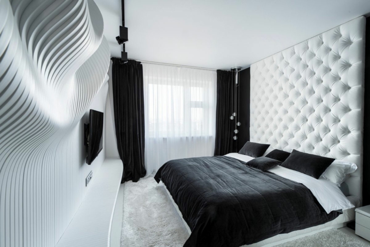 design moderne chambre à coucher mur matelassé lit idée rideaux noirs