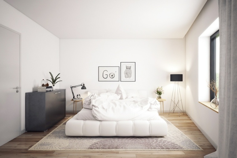 mobilier chambre à coucher moderne idée tableau mur tapis de sol luminaire pied