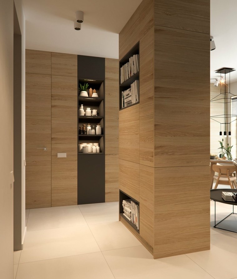 appartement design bibliothèque bois espace de rangement étagères