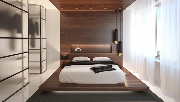 photo chambre zen lit moderne deco bois rideaux blancs