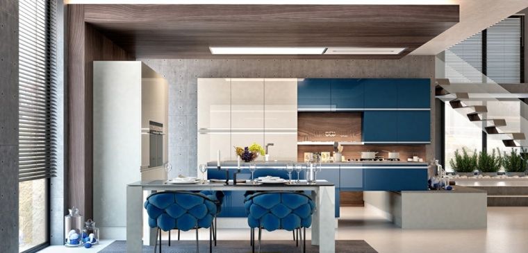inspiration cuisine equipee meubles bleu interieur design moderne