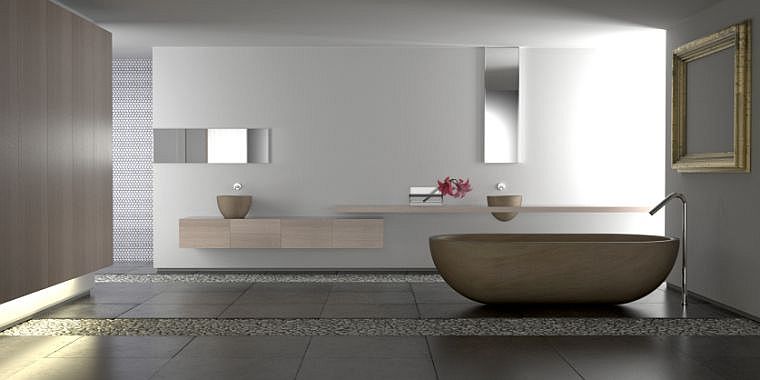 salle de bain gris et blanc baignoire moderne meubles bois