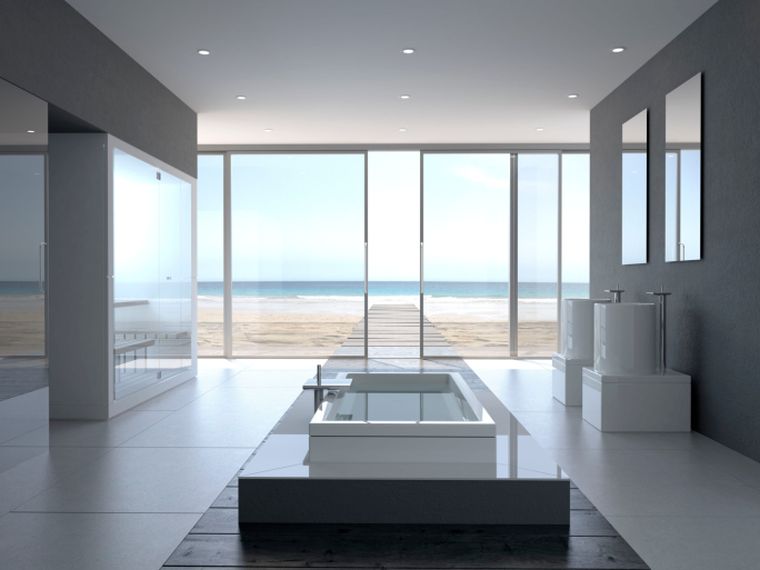 salle de bain gris et blanc baignoire rectangulaire moderne