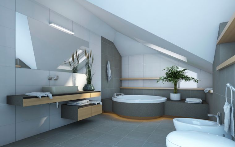 salle de bain gris et blanc plan de travail bois meubles modernes
