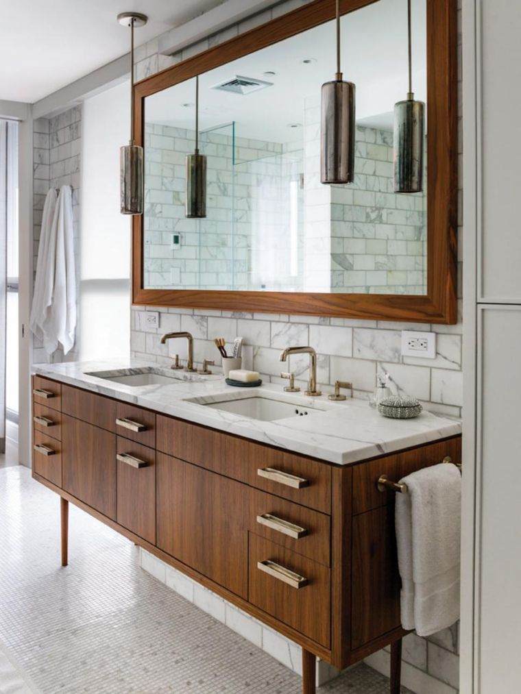 idee salle de bain marbre blanc et gris mobilier bois