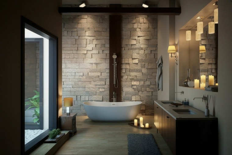 design d'intérieur moderne idée baignoire bougies déco mur briques meuble salle de bains