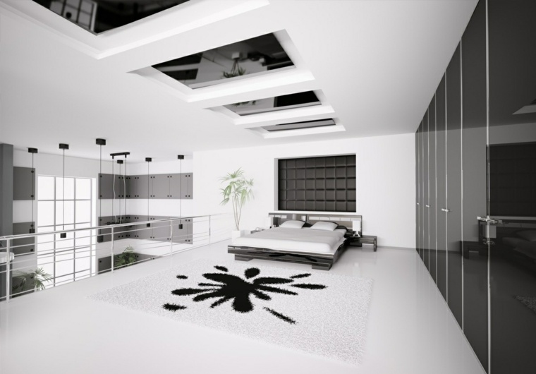 design moderne intérieur idée lit cadre tapis de sol blanc noir