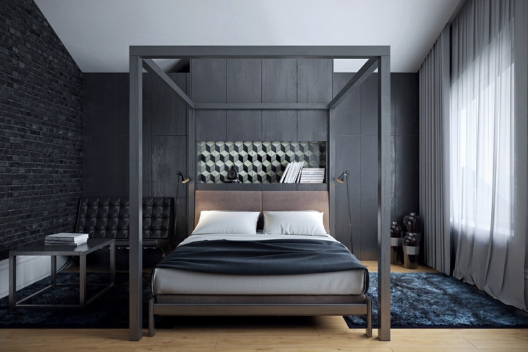 design moderne intérieur idée lit tête de lit tapis de sol bleu