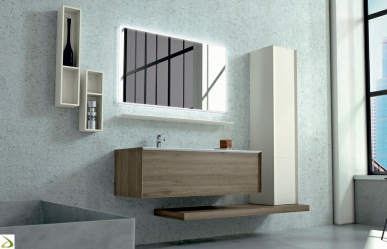 salle de bain design bois béton miroir idée baignoire