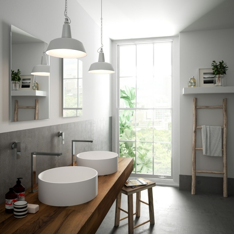 salle de bain bois tendance idée luminaire suspension béton mur