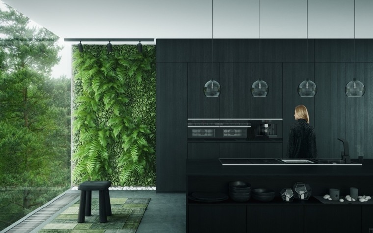 cuisine blanche noire grise design mur végétal intérieur îlot cuisine bois