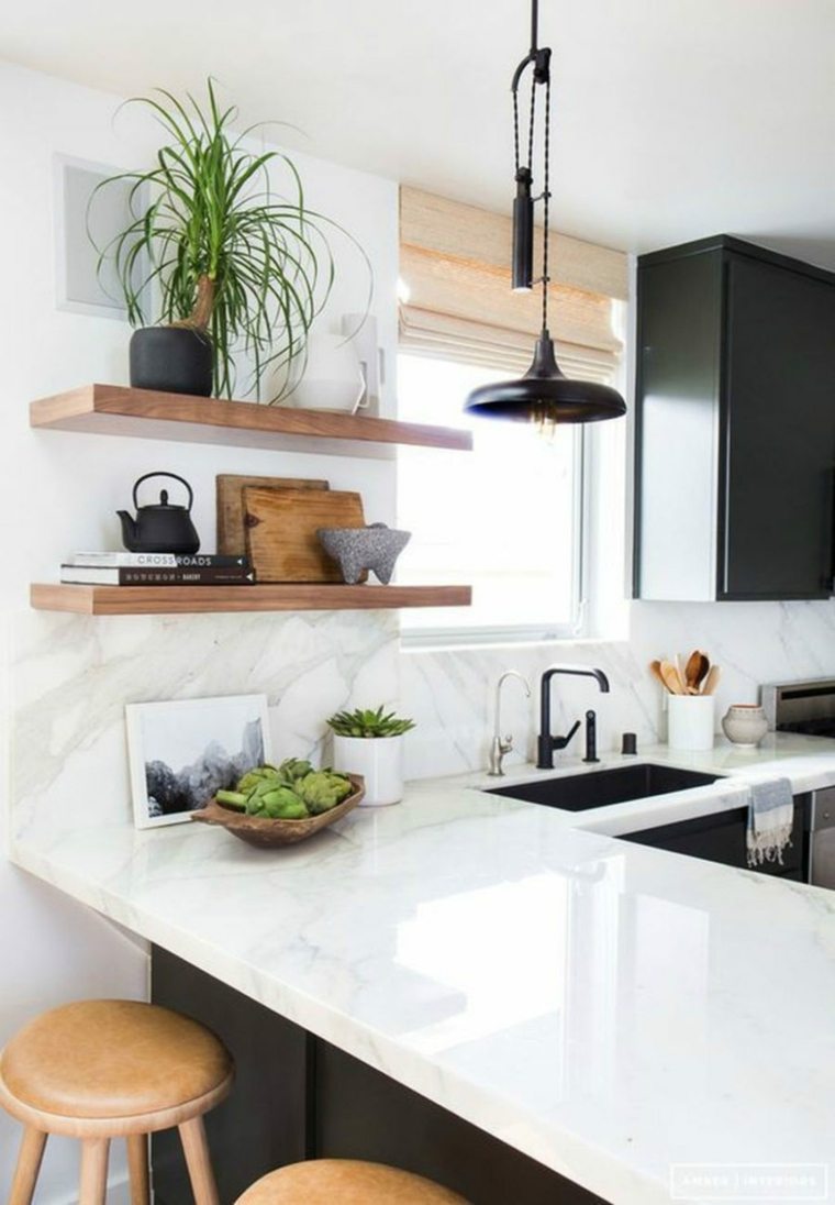 cuisine blanche et noire plan travail marbre ilot design moderne