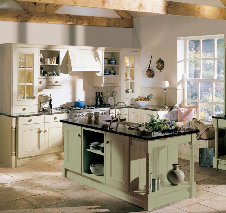 idee de decoration cuisine cottage anglais ilot central vert