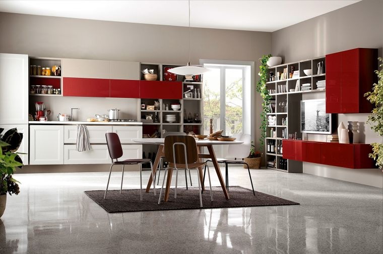 image cuisine couleur blanche meuble moderne facade rouge
