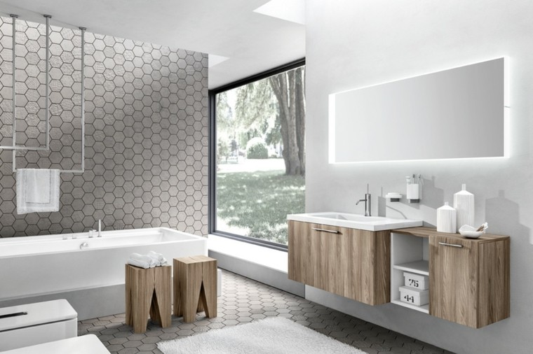 design salle de bain moderne mobilier bois vasque baignoire revêtement idée