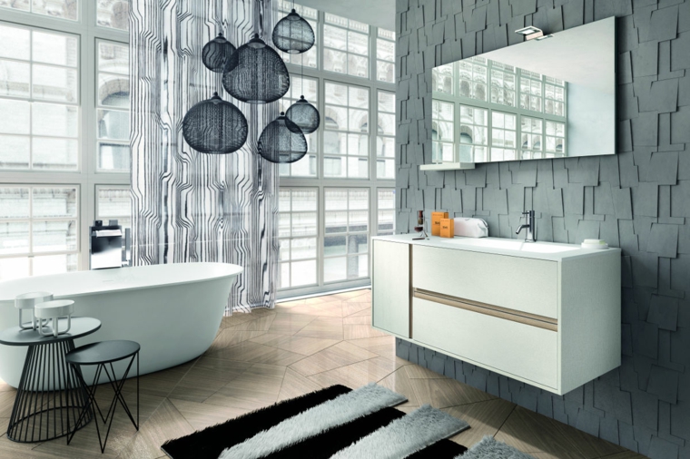 design moderne luminaire suspension salle de bain baignoire idée revêtement mur gris