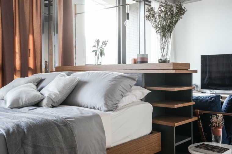 design appartement moderne lit cadre bois idée étagère bois