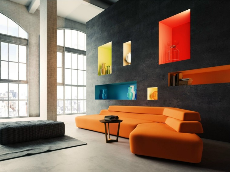 niche murale idée espace rangement salon canapé orange table basse