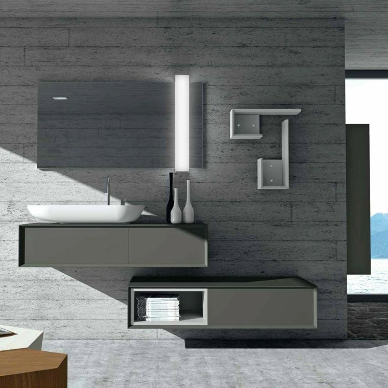 couleur salle de bains grise idée plan de travail miroir rectangulaire éclairage salle de bain
