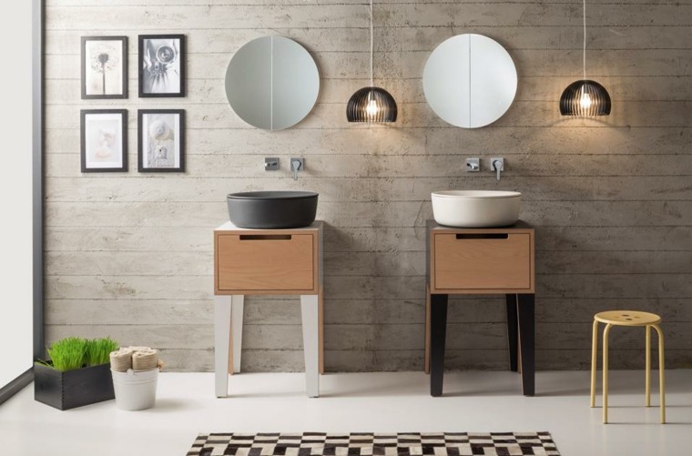 design salle de bain couleur vasque bois idée miroir rond cadres mur déco