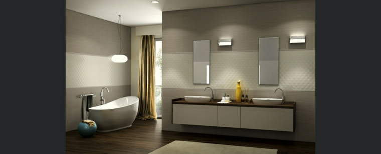 salle de bain moderne meuble bois idée parquet plan de travail miroir baignoire luminaire
