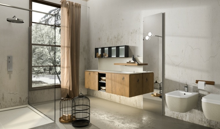 salle de bain moderne idée couleur choisis meuble bois miroir toilettes suspendues