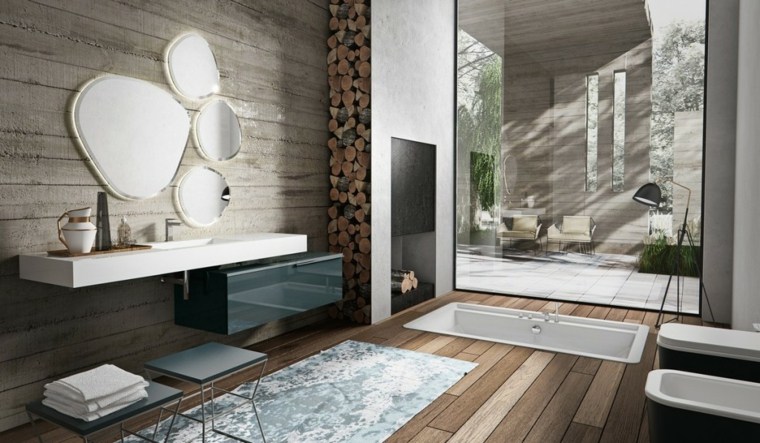 design salle de bain moderne tapis de sol parquet bois miroir idée luminaire