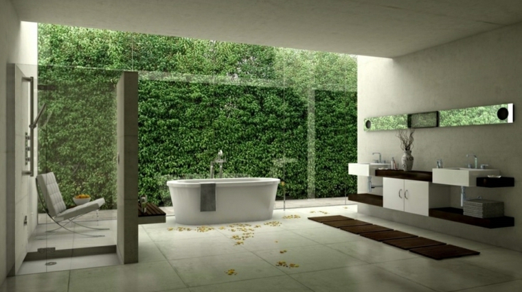 mur végétal salle de bain baignoire blache idée revêtement sol meubles